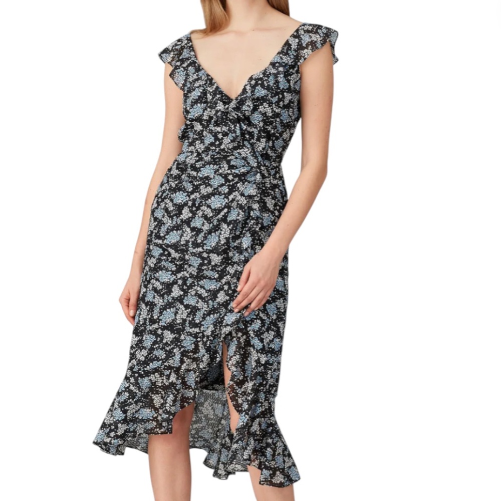 Veronica Beard Black Floral Midi Dress with Light Blue Print